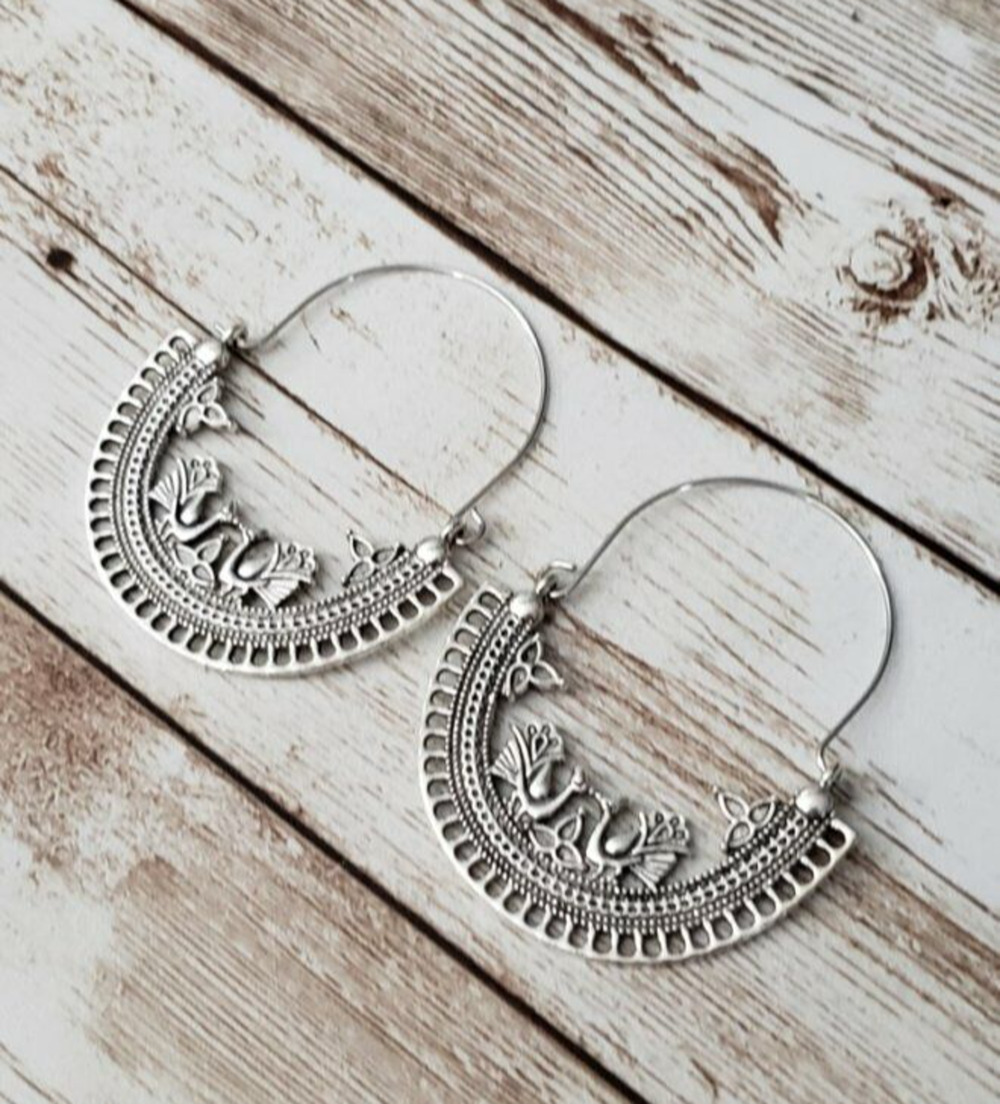 Ornate Peacocks Half Circle Shape Silver Tone Earrings - New